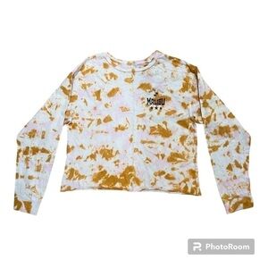 GRAYSON Threads orange pink paint spatter long sleeved crop top crew neck, M.